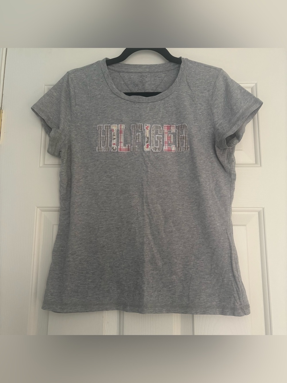 Y2K Tommy Hilfiger Women’s Gray Logo Crew Neck Short Sleeve Knit T-Shirt Large